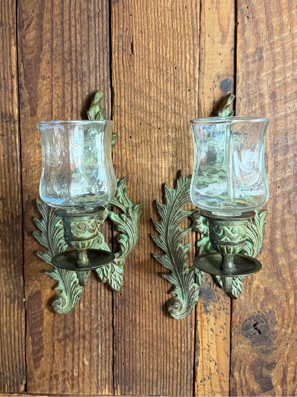 Pair of Vintage Brass Green Wall Sconce Candle Holders with Clear Glass Shades